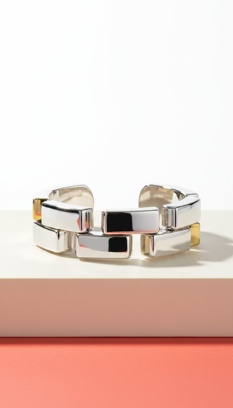 Geometric Silver Cuff Bracelet Bold Cutouts